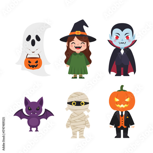 Cute cartoon Halloween characters including a ghost, witch, vampire, bat, mummy, and pumpkin man on a white background.