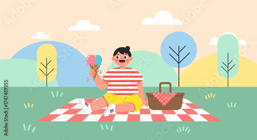 Joyful Individual Enjoying Ice Cream During A Relaxing Picnic In A Picturesque Park