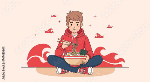 Joyful Individual Enjoying Japanese Noodles in an Artistic and Appetizing Illustration