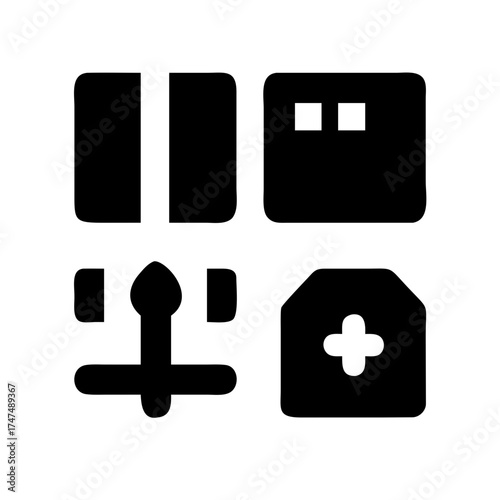 Four square icons representing various functions