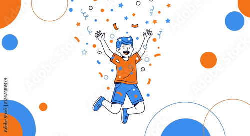 Joyful kid celebrating a happy moment with confetti, illustration of excitement