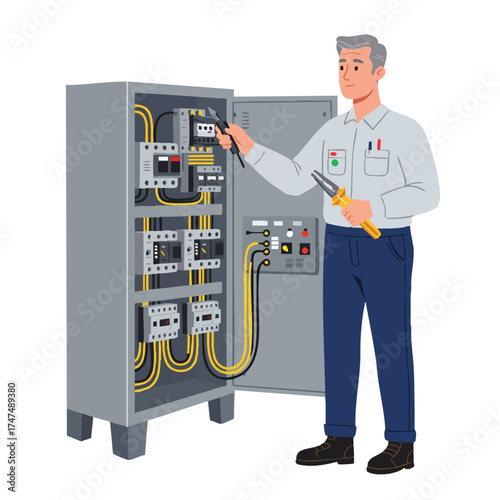 An electrician inspects electrical panel components with tools, ensuring proper wiring and functionality in a detailed illustration for industry and technology.