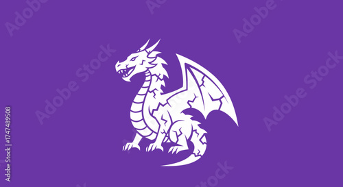 White dragon illustration sitting, on a purple background, for fantasy themed material