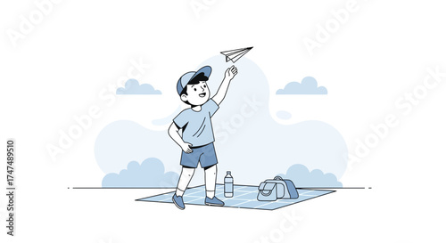 Joyful Kid Launching Paper Airplane Against Cloudy Sky During Fun Picnic Day