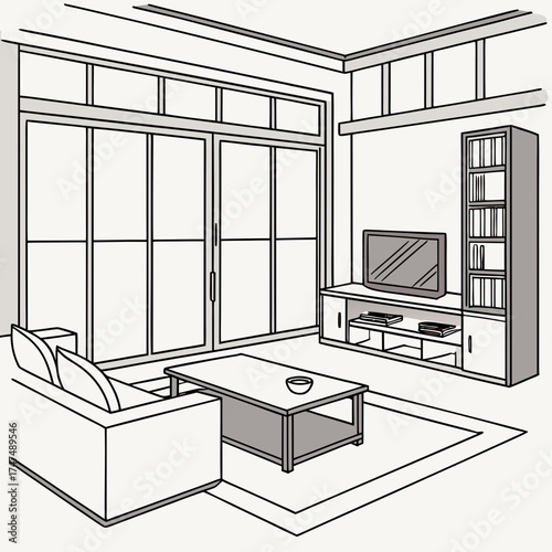 Illustration of a living room with furniture and a large window