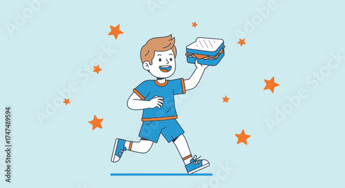Joyful Kid Racing To Enjoy Delicious Sandwich Meal Surrounded By Animated Stars