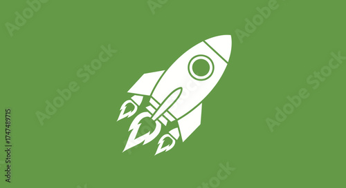 Cartoon rocket launching on green backdrop, for startup or project success illustration