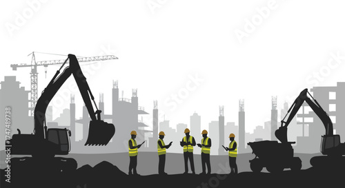 Construction workers and heavy machinery are silhouetted against a city skyline, illustrating teamwork and development in an urban setting.