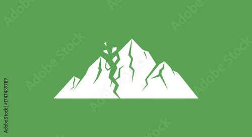 Mountain cracks, breaking down on green backdrop. Symbol of failure, risk and challenges