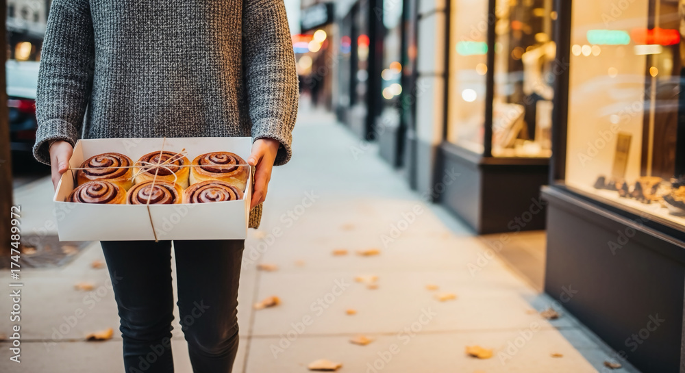 Obraz premium Woman Carrying Box of Cinnamon Rolls Freshly Baked Treats on a City Street
