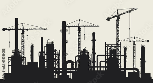 Silhouette of an industrial plant with construction cranes, pipes, and structures against a neutral background, showcasing industry.