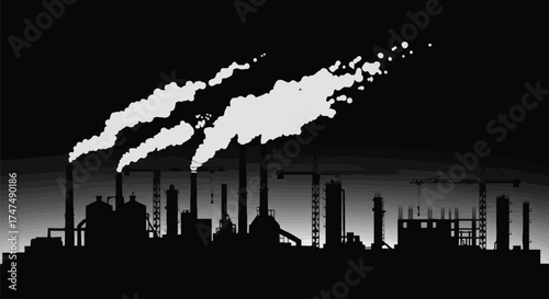 Silhouette of an industrial plant with smoke billowing into the sky, representing pollution and environmental concerns.