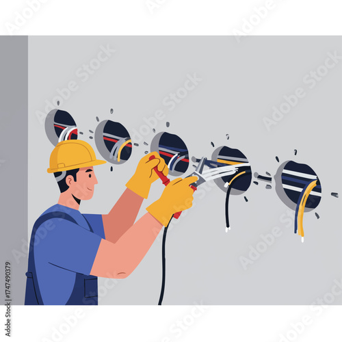 An electrician wearing a yellow helmet and gloves is working on electrical wiring inside the wall, ensuring a safe and functional installation.