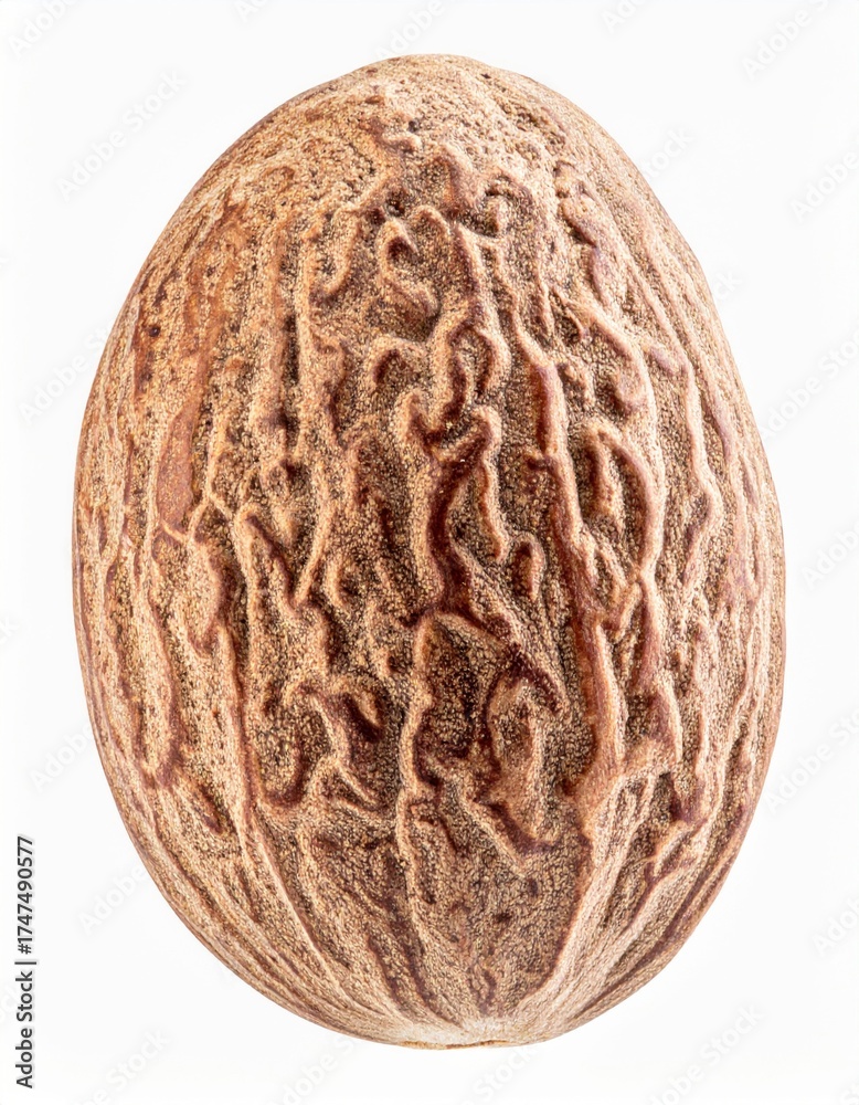 Fototapeta premium Detailed Nutmeg Seed Close Up with Intricate Texture Isolated on White Background