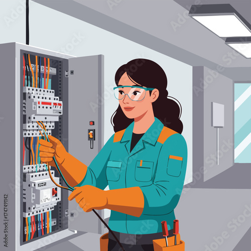 A female electrician wearing safety glasses and gloves carefully inspects wires inside an electrical panel, ensuring proper connections.