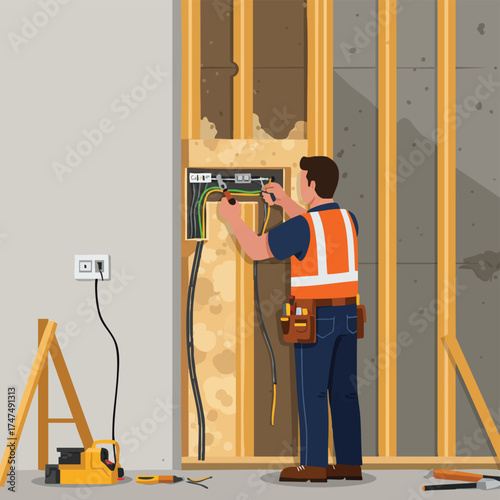 An electrician carefully works on electrical wiring within a wall during construction, ensuring safety and proper connections for a new building's power system.