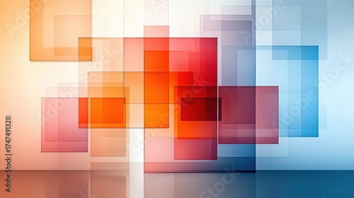 Abstract composition of overlapping translucent squares in warm red and orange tones blending into cool blue hues conveying a modern and dynamic feeling