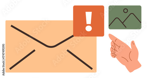 Envelope with exclamation alert and hand pointing to image icon suggests warning, instructions, or messaging. Ideal for communication, notification, urgency, email, data sharing, guidance simple
