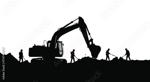 Silhouette of construction workers and an excavator working on a construction site, representing teamwork and hard labor in the building industry.