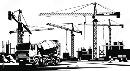 A monochrome illustration depicts construction cranes and a cement mixer truck at a building site, showcasing urban development.