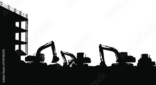 Silhouette of construction excavators working on a building site, creating a contrasting scene with the sky, emphasizing industry and progress.