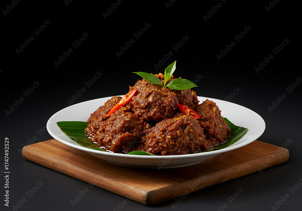 Fototapeta premium A plate of delicious beef rendang garnished with chili and basil leaves, served on a banana leaf.