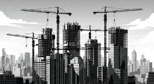 A monochrome illustration depicts a vibrant cityscape under construction, featuring towering cranes and unfinished buildings against a skyline.