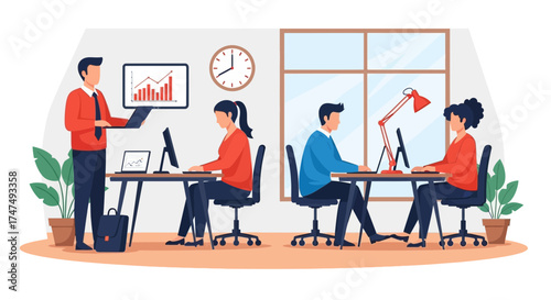 Team working in an office with charts and computers