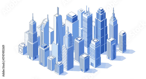 Isometric pixel art cityscape with skyscrapers
