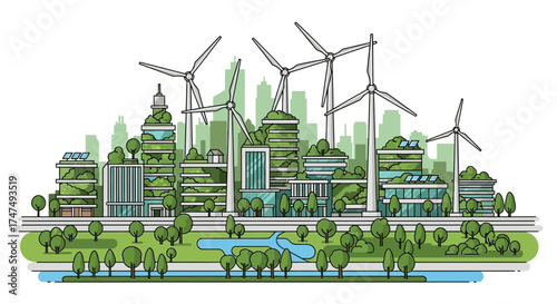 Illustration of a green city with wind turbines and lush vegetation