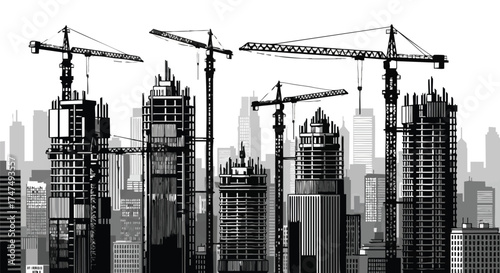 Construction cranes rise above the city skyline, illustrating urban development and architectural progress in a monochromatic illustration.