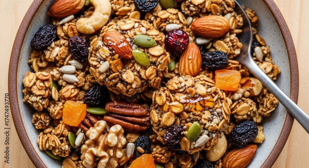Fototapeta premium A bowl of granola with nuts, seeds, dried fruits, and honey.
