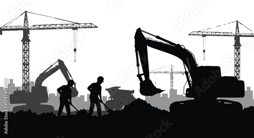 Silhouetted construction site with cranes and excavators, featuring workers laboring on a project, creating a dynamic scene.