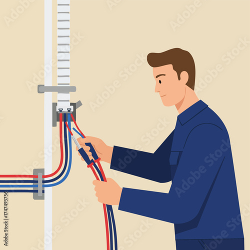A skilled electrician carefully works with electrical wiring, ensuring safety and efficiency while connecting cables in a residential setting.