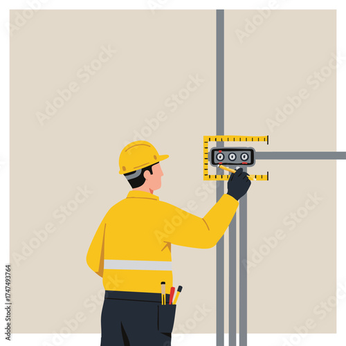An electrician in a yellow uniform uses a level to install electrical wiring on a beige wall, ensuring precise alignment for optimal functionality.