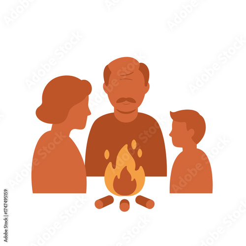 Family gathered around a warm campfire enjoying the outdoors illustration.