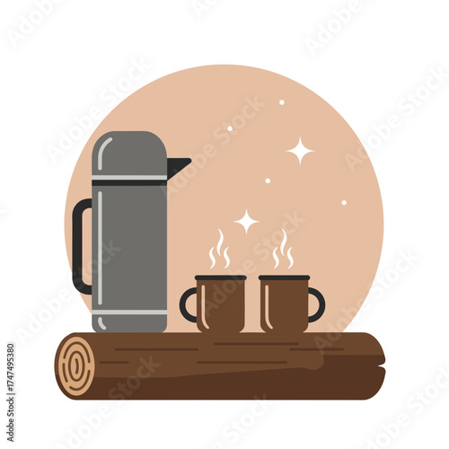 Thermos flask and two steaming mugs on a log for outdoor refreshment.