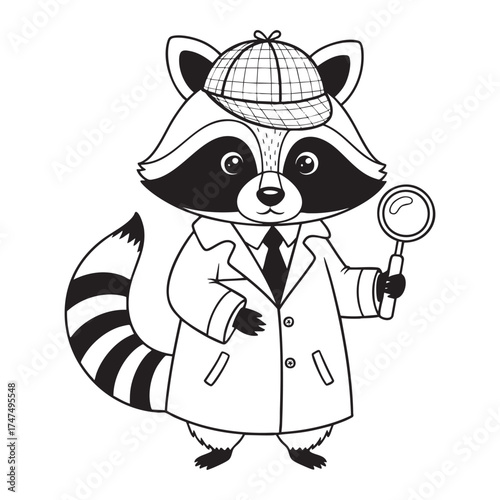 Cartoon Raccoon Detective Line Art Illustration	