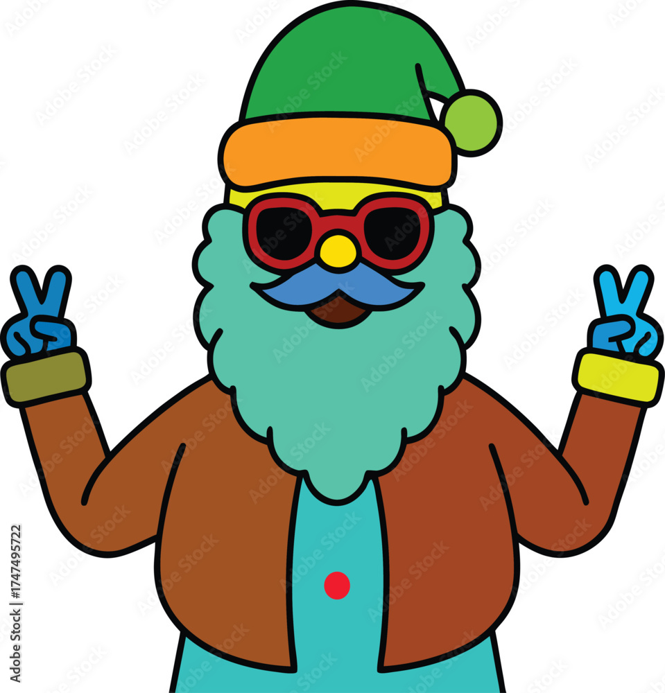 Obraz premium Retro Santa Claus with Sunglasses and Peace Sign A Whimsical Holiday Illustration Featuring a Funky and Festive Jolly Character