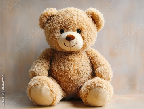 soft and fluffy beige teddy bear sitting upright with a friendly smiling face against a neutral background