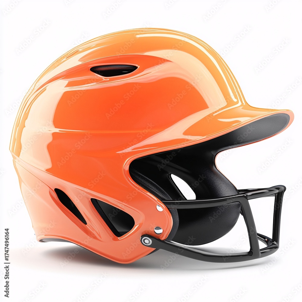 Fototapeta premium A vibrant orange baseball helmet, offering crucial head protection for players. Modern design suitable for multiple sports, isolated in white background. Equipment ensures safety and performance.