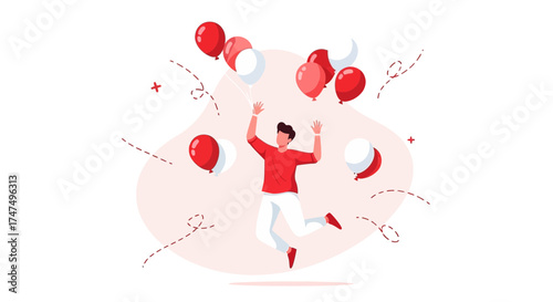 Joyful Person Celebrates With Colorful Balloons In Creative Artistic Illustration