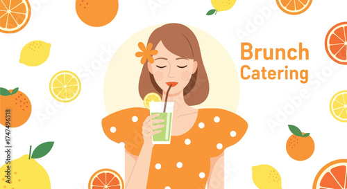Joyful Woman Enjoys Refreshing Drink In Citrus-Themed Invitation To Brunch Catering