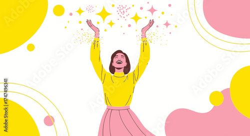 Joyful Woman Expressing Happiness And Reaching For Sparkling Elements in Colorful Illustration