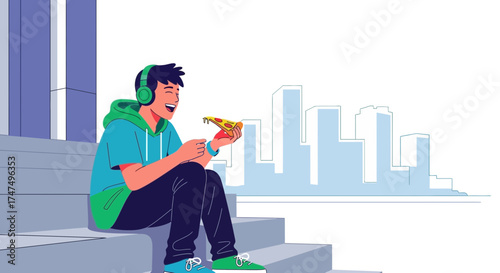 Joyful Person Consuming Pizza While Listening Music and Enjoying Urban City in the Background