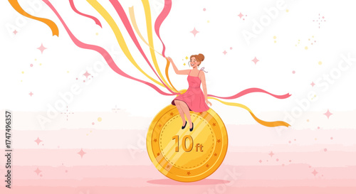 Joyful Woman Floating Above a Golden Coin, Releasing Ribbons of Celebration