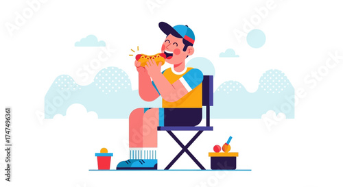 Joyful Person Eating A Delicious Hot Dog Whilst Sitting Outside On A Chair