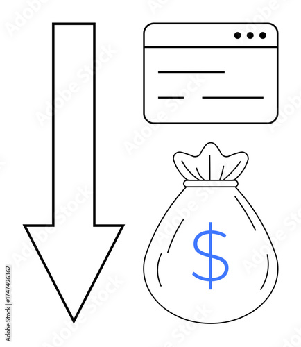 Downward arrow, financial document, and money bag with dollar sign highlighting economic loss, cost reduction. Ideal for finance, budgeting, online payment, bankruptcy, savings accounting crisis
