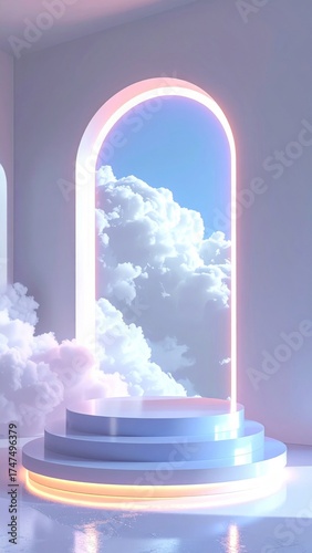 Surreal Cloud Portal with Neon Light and Step in White Room