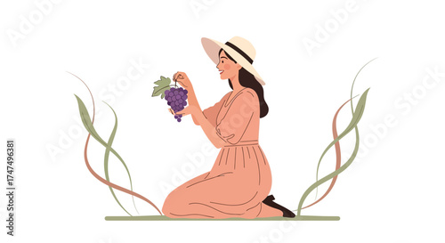 Joyful Woman Harvesting Grapes, Peaceful Moment, Sunny Day, Vineyard Scene, Fresh Produce